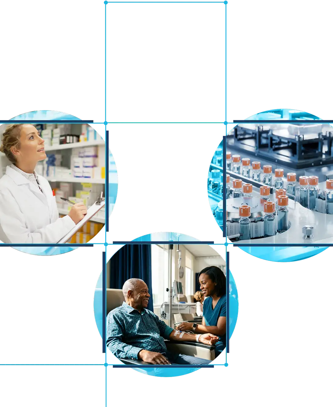 Composite image featuring a healthcare professional in a clinical setting, biosimilar medication manufacturing, and a provider speaking with a patient during treatment.
